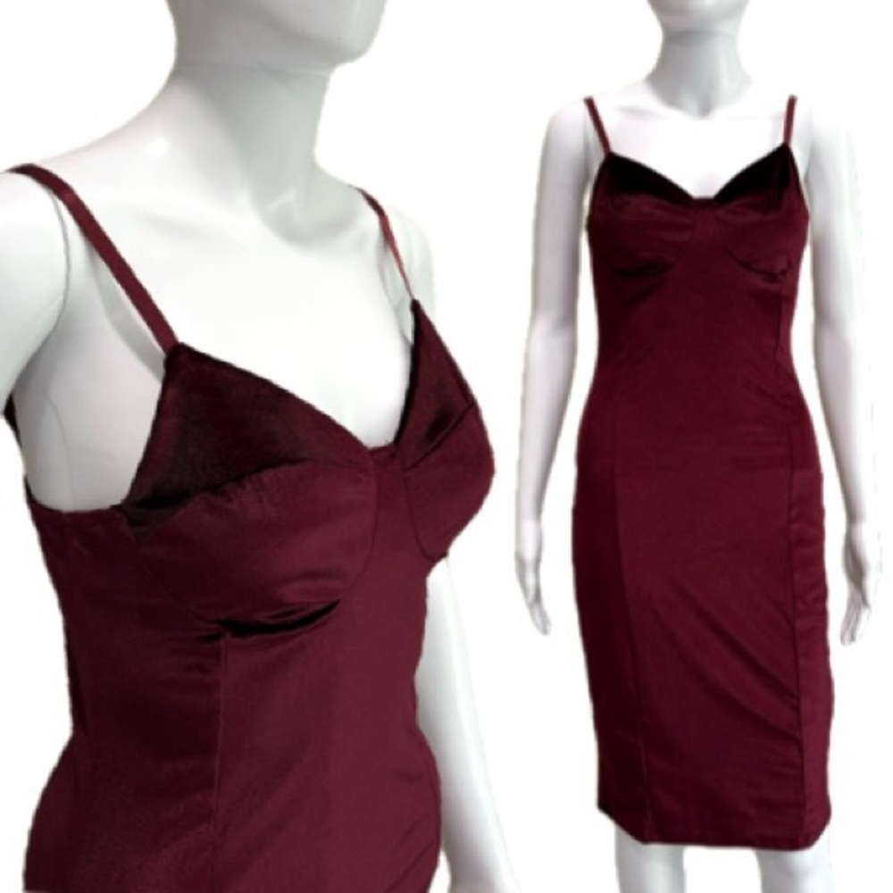 Bebe Corset Bustier Stretch Velvet Slipdress Size Small Burgundy Midi Dress Y2K